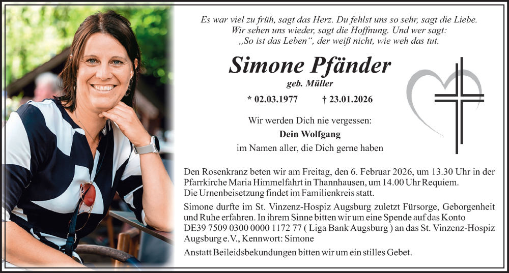  Traueranzeige für Simone Pfänder vom 31.01.2026 aus Mittelschwäbische Nachrichten, Augsburg-Land, Mindelheimer Zeitung
