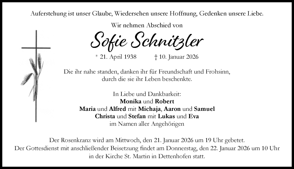  Traueranzeige für Sofie Schnitzler vom 17.01.2026 aus Landsberger Tagblatt