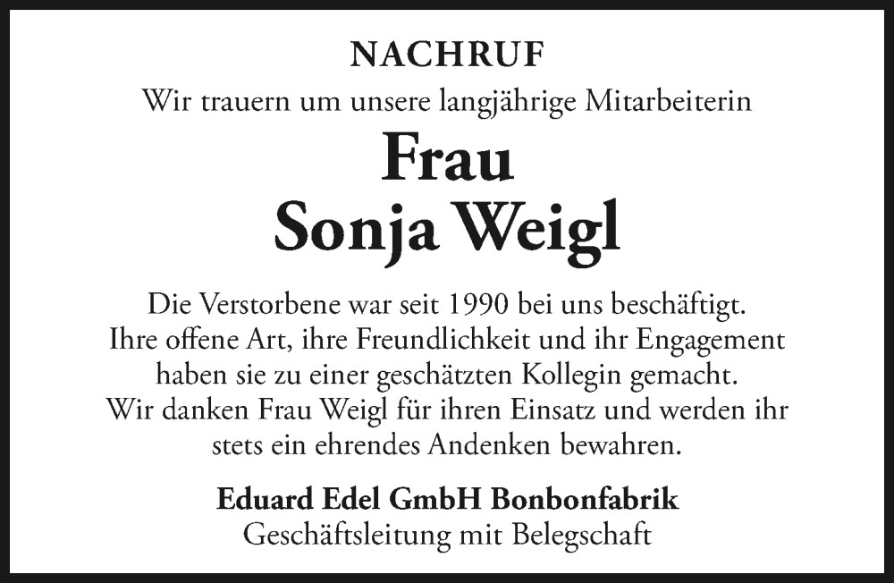 Traueranzeige von Sonja Weigl von Donauwörther Zeitung