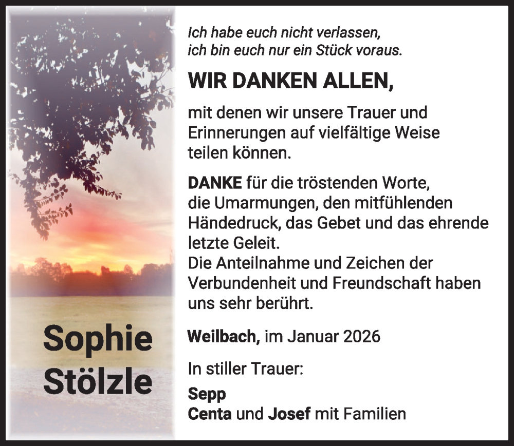  Traueranzeige für Sophie Stölzle vom 17.01.2026 aus Mindelheimer Zeitung