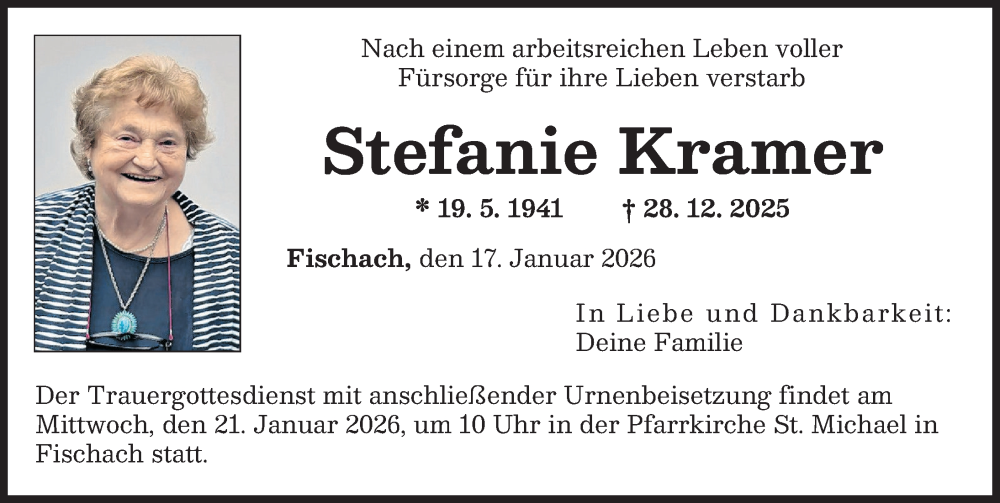  Traueranzeige für Stefanie Kramer vom 17.01.2026 aus Augsburg-Land