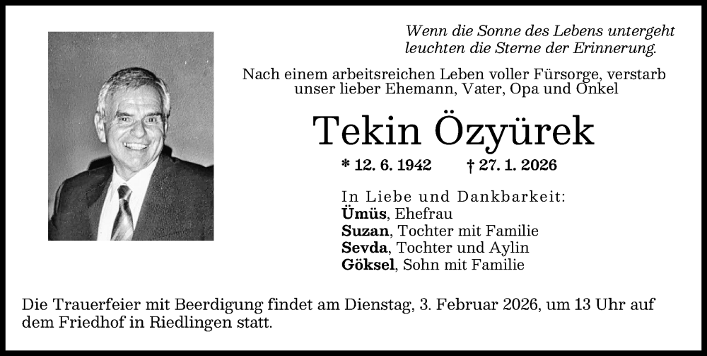  Traueranzeige für Tekin Özyürek vom 31.01.2026 aus Donauwörther Zeitung