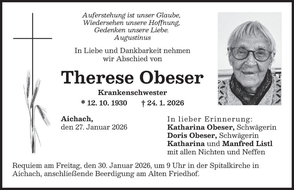  Traueranzeige für Therese Obeser vom 27.01.2026 aus Aichacher Nachrichten