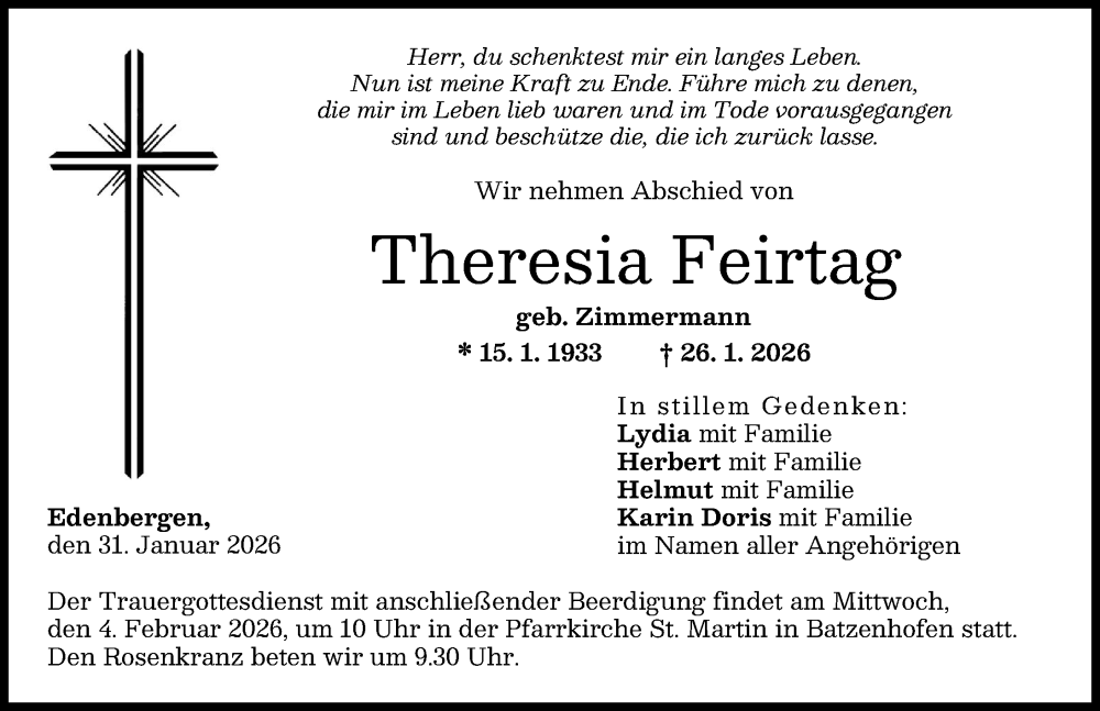  Traueranzeige für Theresia Feirtag vom 31.01.2026 aus Augsburg-Land