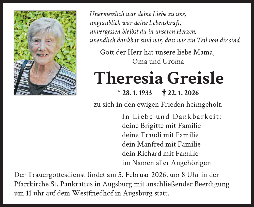  Traueranzeige für Theresia Greisle vom 31.01.2026 aus Augsburger Allgemeine