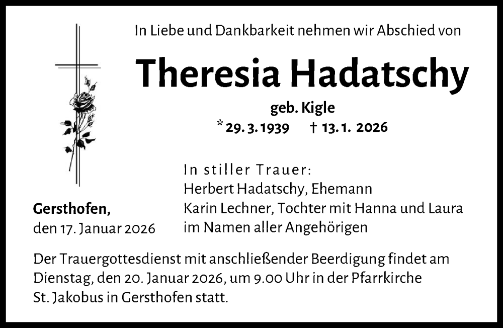  Traueranzeige für Theresia Hadatschy vom 17.01.2026 aus Augsburger Allgemeine