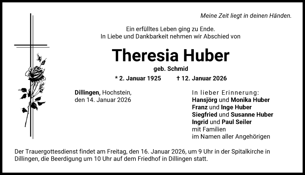  Traueranzeige für Theresia Huber vom 14.01.2026 aus Donau Zeitung