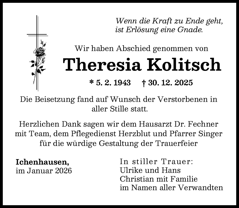  Traueranzeige für Theresia Kolitsch vom 21.01.2026 aus Günzburger Zeitung