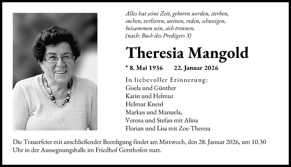  Traueranzeige für Theresia Mangold vom 24.01.2026 aus Augsburger Allgemeine
