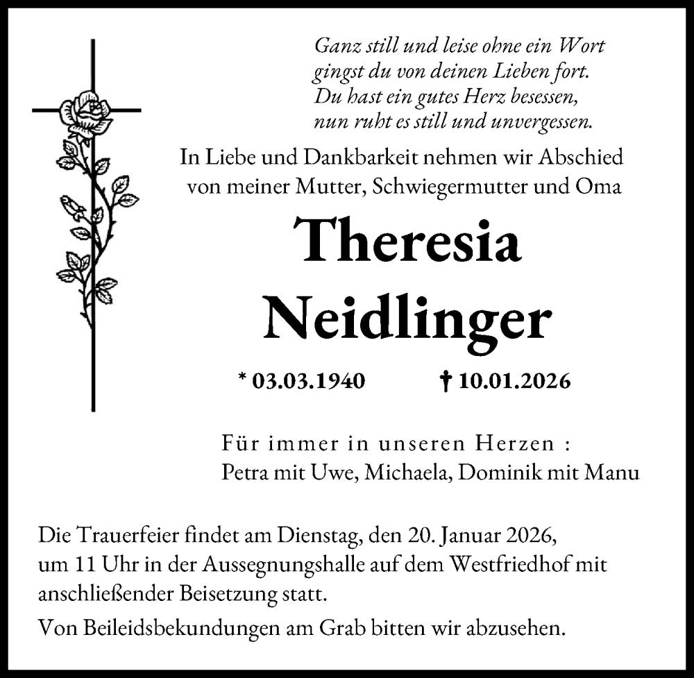  Traueranzeige für Theresia Neidlinger vom 17.01.2026 aus Augsburger Allgemeine