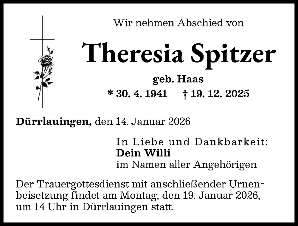 Traueranzeige von Theresia Spitzer von Günzburger Zeitung