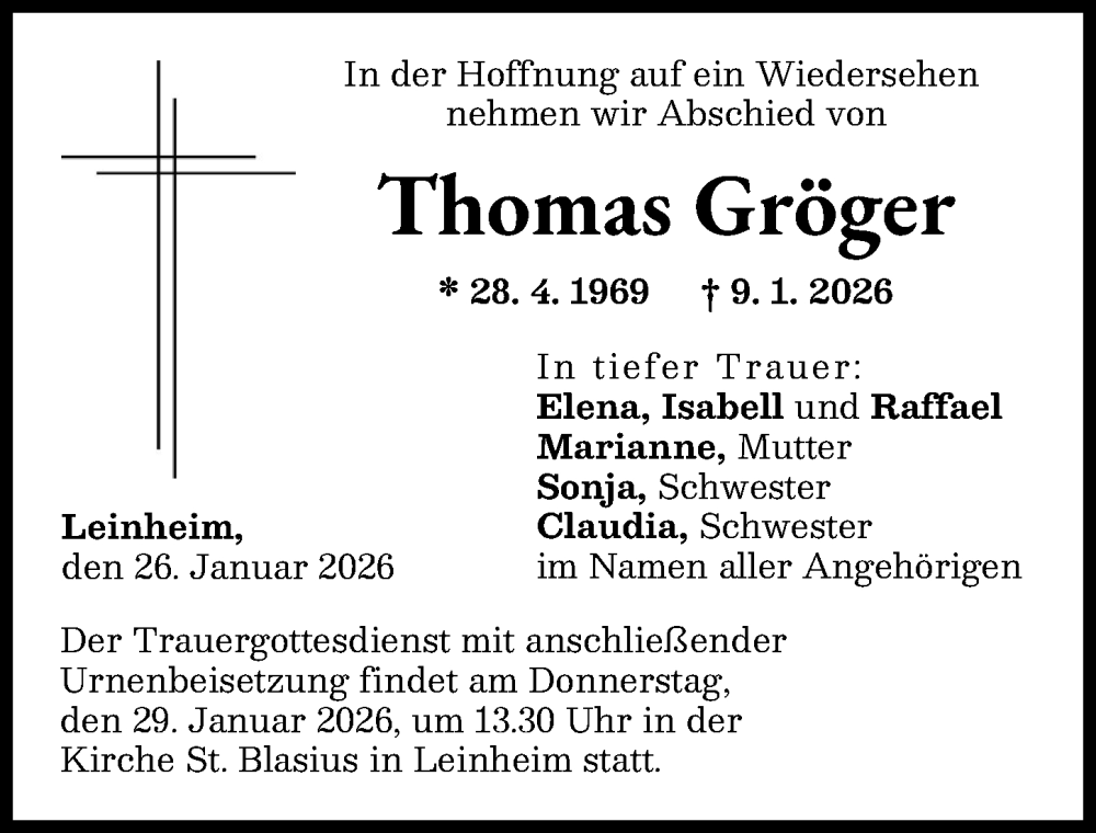  Traueranzeige für Thomas Gröger vom 26.01.2026 aus Günzburger Zeitung