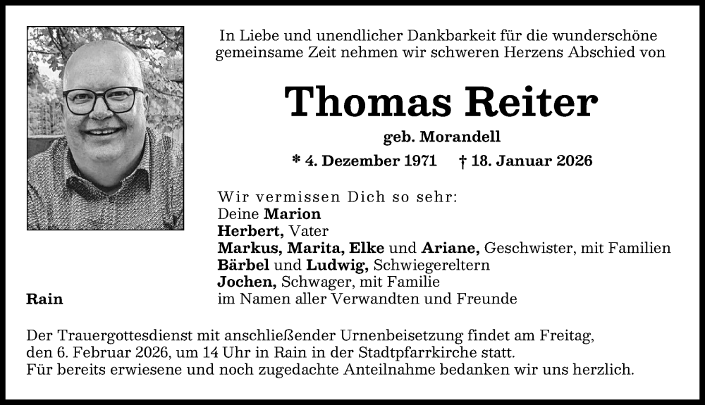  Traueranzeige für Thomas Reiter vom 31.01.2026 aus Donauwörther Zeitung