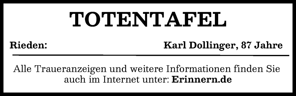  Traueranzeige für Totentafel vom 20.01.2026 vom 20.01.2026 aus Aichacher Nachrichten