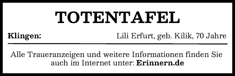  Traueranzeige für Totentafel vom 28.01.2026 vom 28.01.2026 aus Aichacher Nachrichten