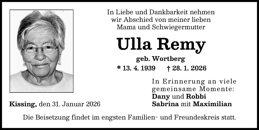  Traueranzeige für Ulla Remy vom 31.01.2026 aus Friedberger Allgemeine