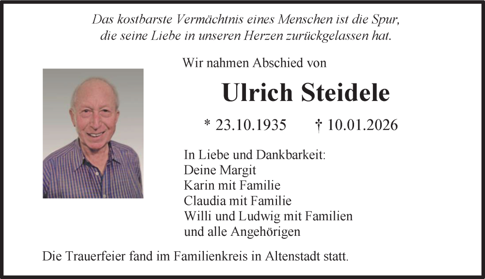  Traueranzeige für Ulrich Steidele vom 31.01.2026 aus Illertisser Zeitung