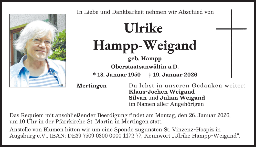 Traueranzeige für Ulrike Hampp-Weigand vom 22.01.2026 aus Neu-Ulmer Zeitung