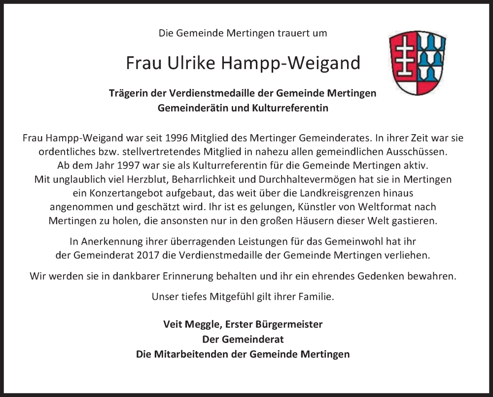  Traueranzeige für Ulrike Hampp-Weigand vom 22.01.2026 aus Donauwörther Zeitung
