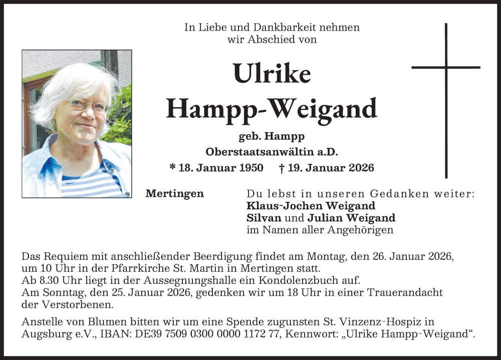  Traueranzeige für Ulrike Hampp-Weigand vom 22.01.2026 aus Donauwörther Zeitung