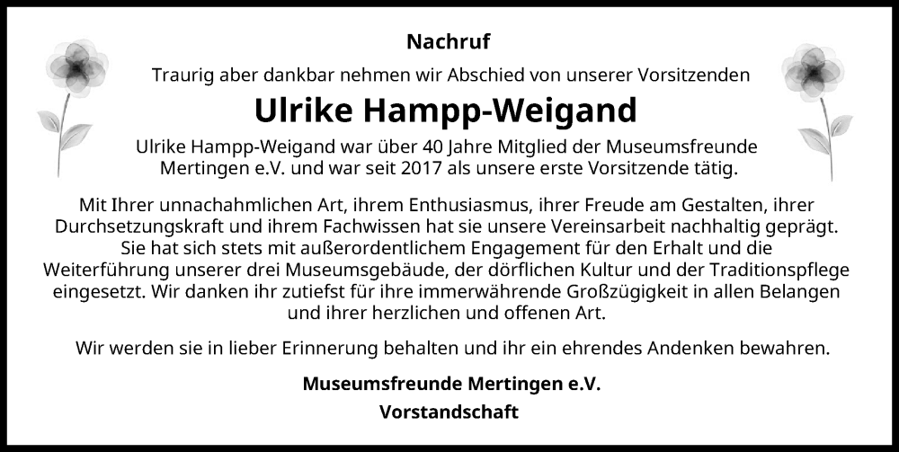  Traueranzeige für Ulrike Hampp-Weigand vom 22.01.2026 aus Donauwörther Zeitung
