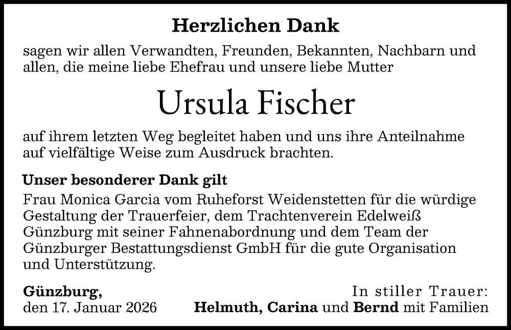  Traueranzeige für Ursula Fischer vom 17.01.2026 aus Günzburger Zeitung