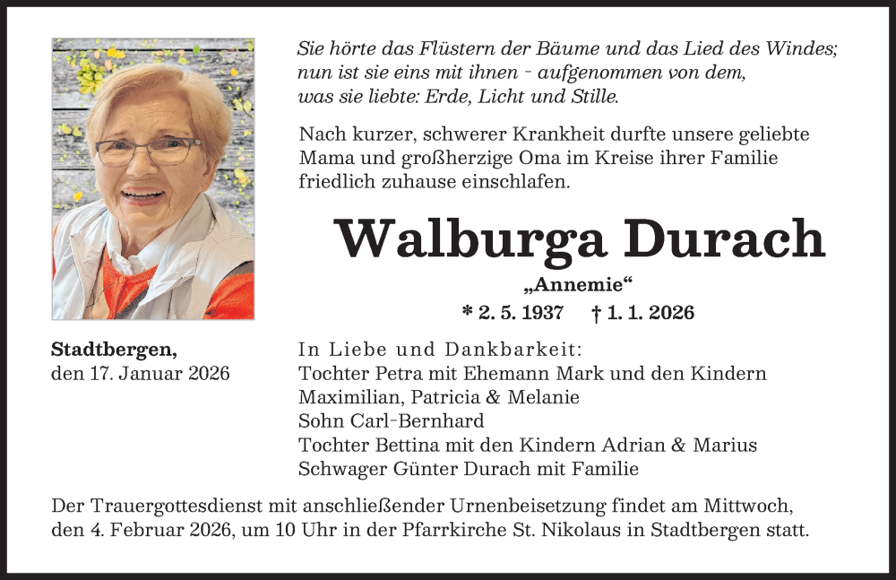  Traueranzeige für Walburga Durach vom 17.01.2026 aus Augsburger Allgemeine