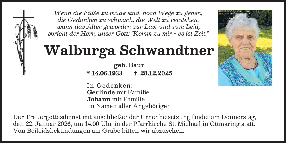  Traueranzeige für Walburga Schwandtner vom 17.01.2026 aus Friedberger Allgemeine