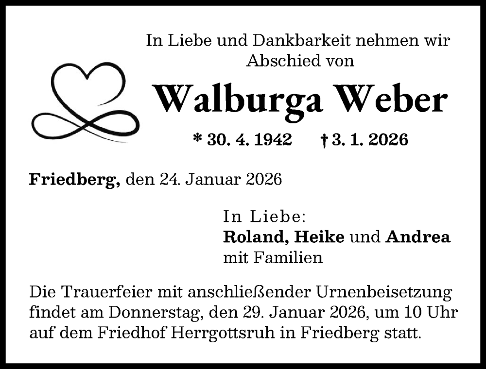  Traueranzeige für Walburga Weber vom 24.01.2026 aus Friedberger Allgemeine