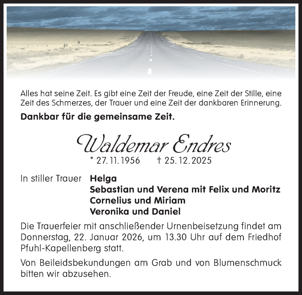  Traueranzeige für Waldemar Endres vom 17.01.2026 aus Neu-Ulmer Zeitung, Augsburger Allgemeine