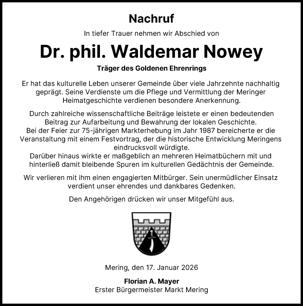  Traueranzeige für Waldemar Nowey vom 17.01.2026 aus Friedberger Allgemeine
