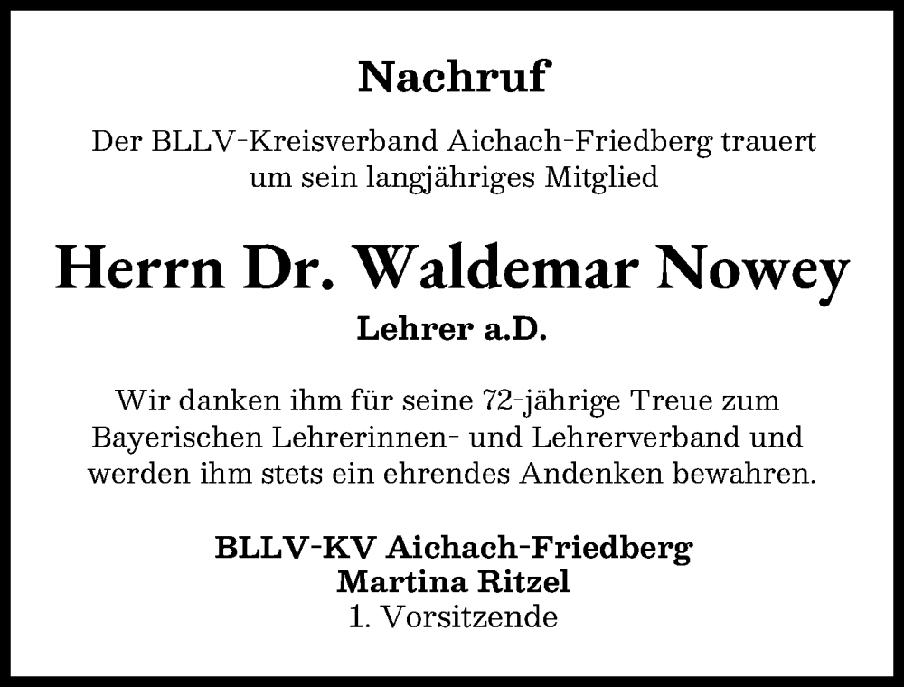  Traueranzeige für Waldemar Nowey vom 20.01.2026 aus Friedberger Allgemeine