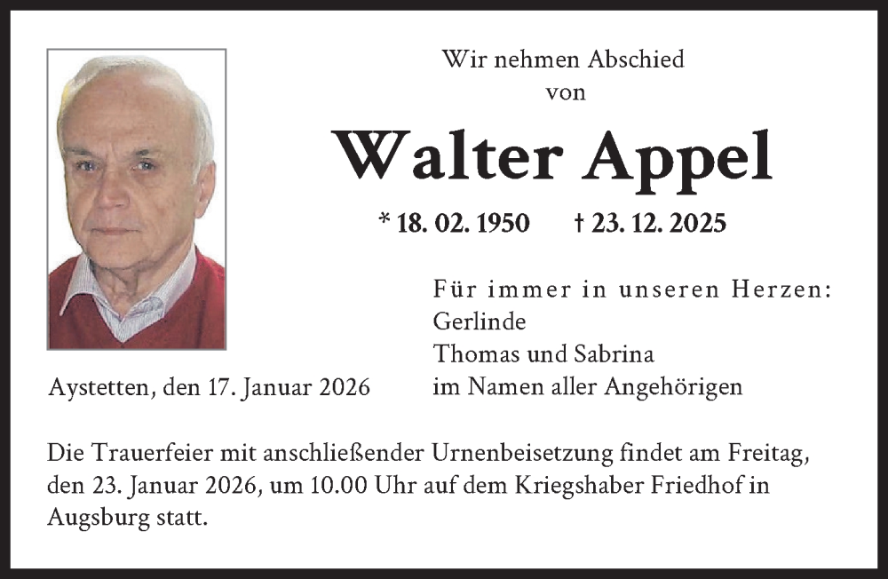  Traueranzeige für Walter Appel vom 17.01.2026 aus Augsburger Allgemeine
