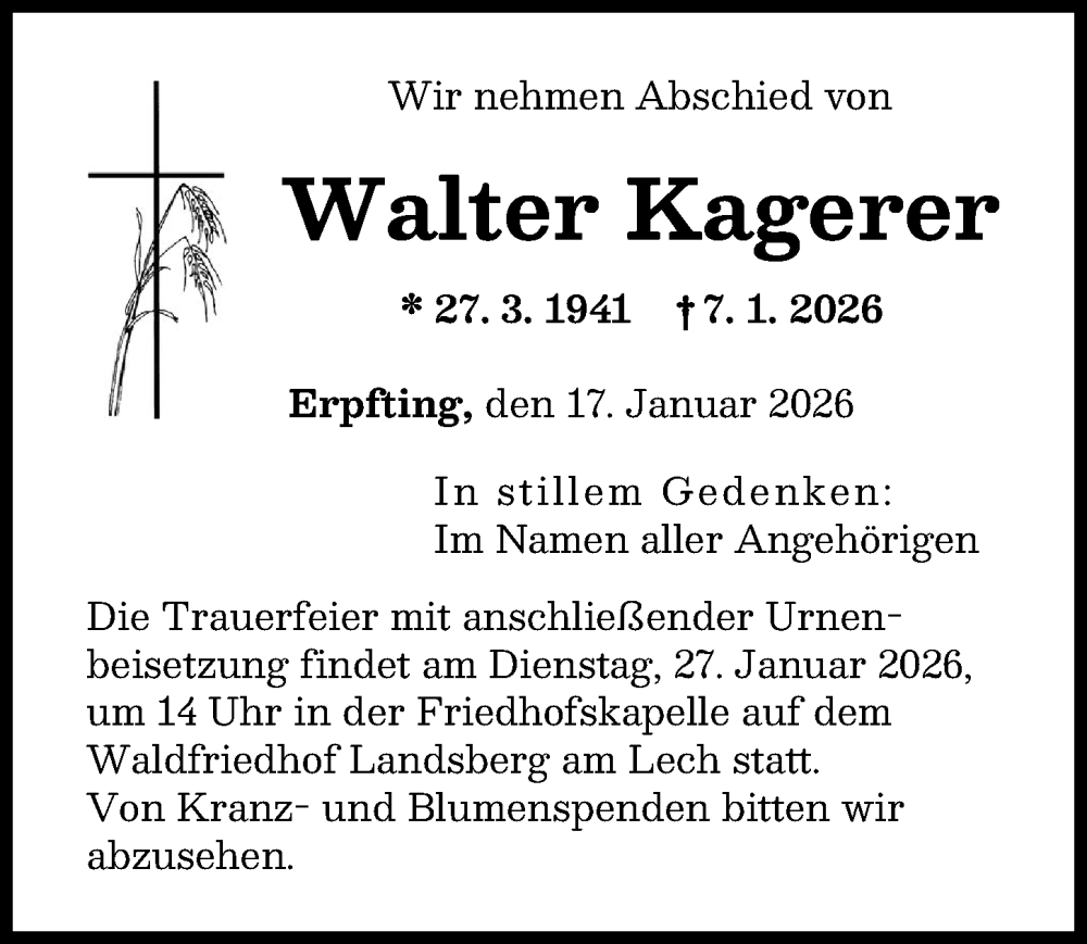  Traueranzeige für Walter Kagerer vom 17.01.2026 aus Landsberger Tagblatt