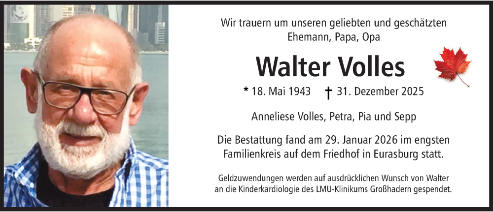  Traueranzeige für Walter Volles vom 31.01.2026 aus Friedberger Allgemeine