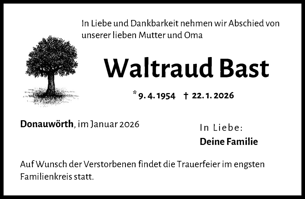  Traueranzeige für Waltraud Bast vom 31.01.2026 aus Donauwörther Zeitung