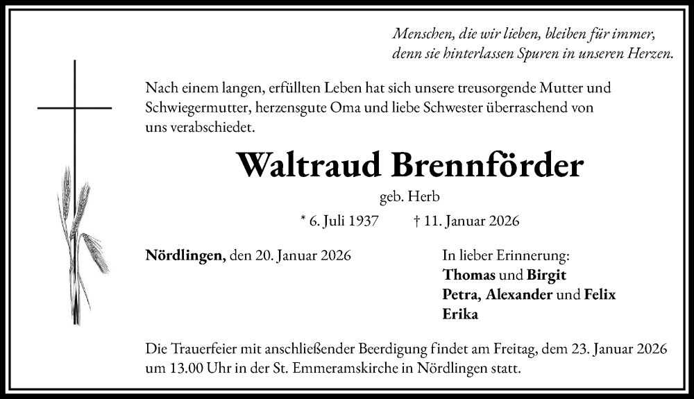  Traueranzeige für Waltraud Brennförder vom 20.01.2026 aus Rieser Nachrichten