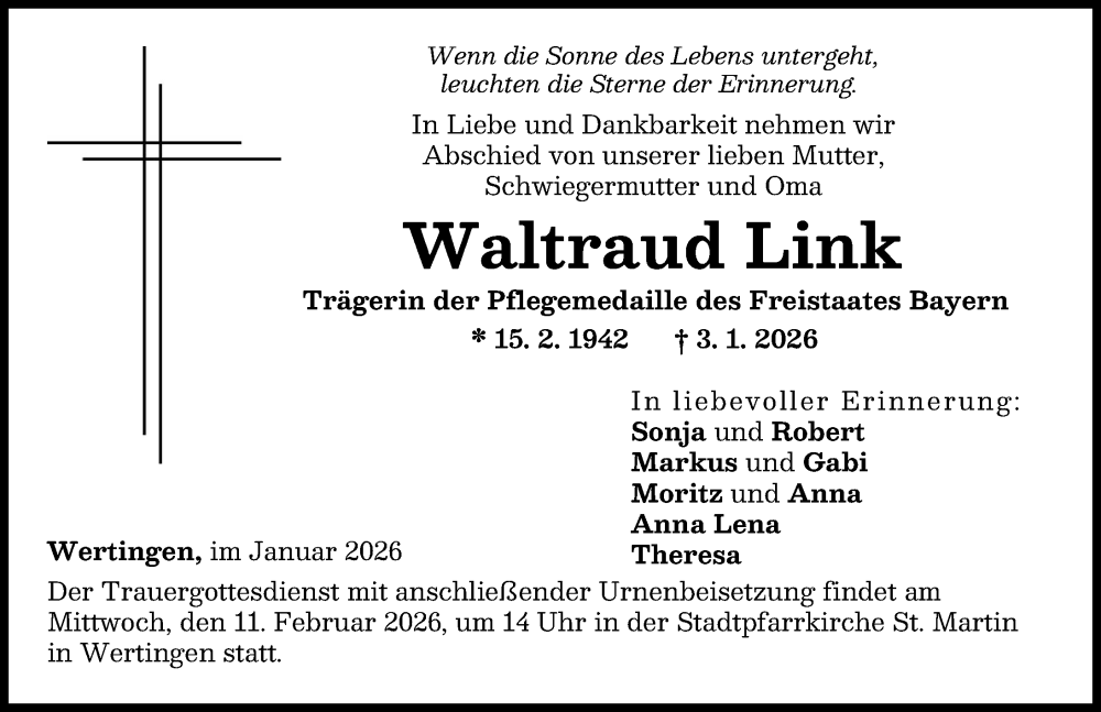  Traueranzeige für Waltraud Link vom 31.01.2026 aus Augsburg-Land, Wertinger Zeitung