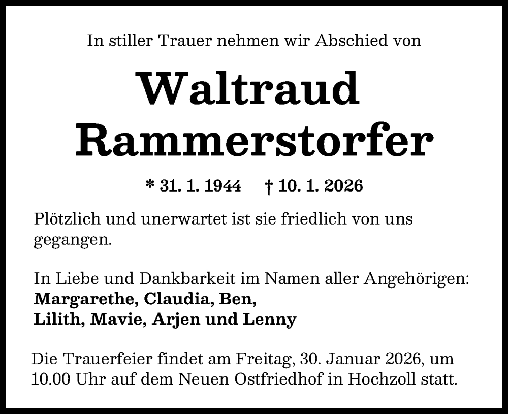  Traueranzeige für Waltraud Rammerstorfer vom 17.01.2026 aus Augsburg-Land