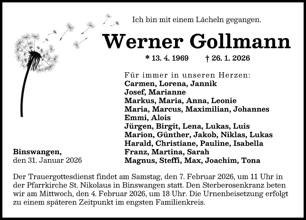  Traueranzeige für Werner Gollmann vom 31.01.2026 aus Wertinger Zeitung