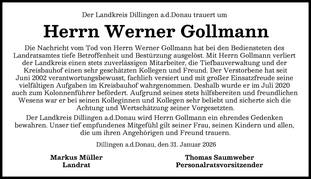  Traueranzeige für Werner Gollmann vom 31.01.2026 aus Wertinger Zeitung