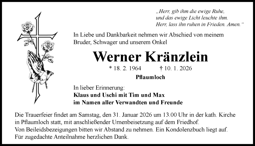  Traueranzeige für Werner Kränzlein vom 28.01.2026 aus Rieser Nachrichten
