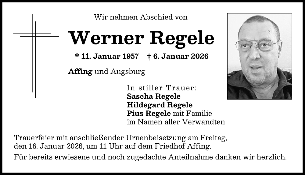  Traueranzeige für Werner Regele vom 15.01.2026 aus Aichacher Nachrichten