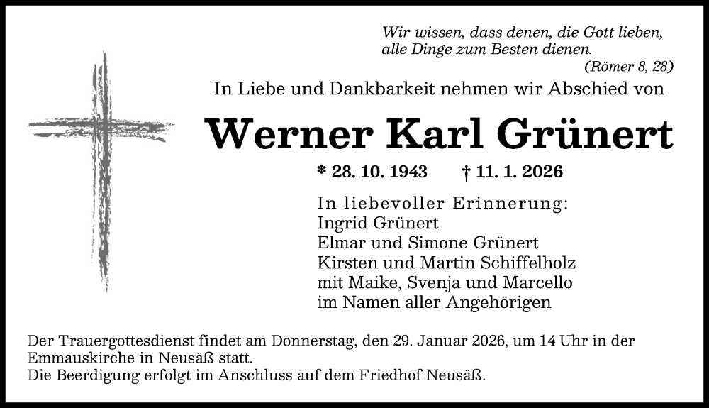  Traueranzeige für Werner Karl Grünert vom 17.01.2026 aus Augsburger Allgemeine
