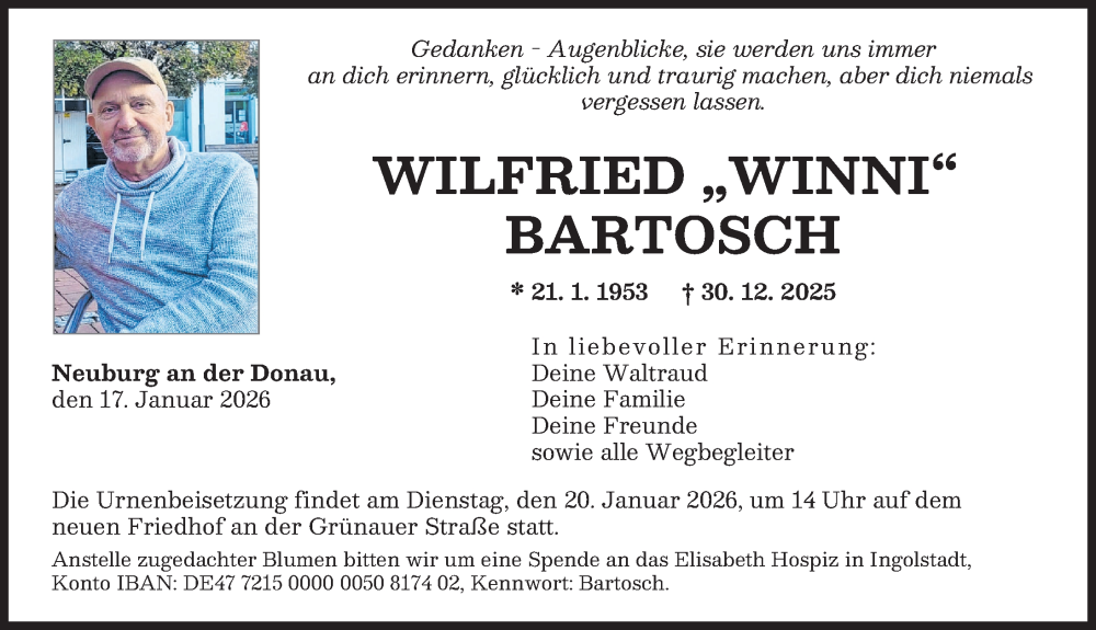  Traueranzeige für Wilfried Bartosch vom 17.01.2026 aus Neuburger Rundschau