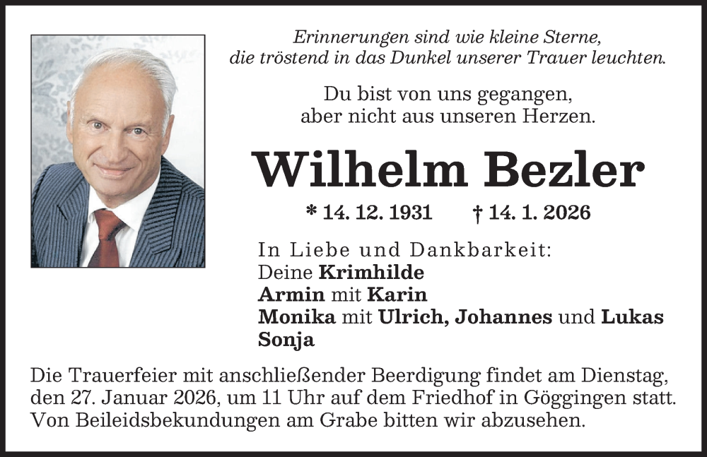 Traueranzeige für Wilhelm Bezler vom 24.01.2026 aus Augsburger Allgemeine