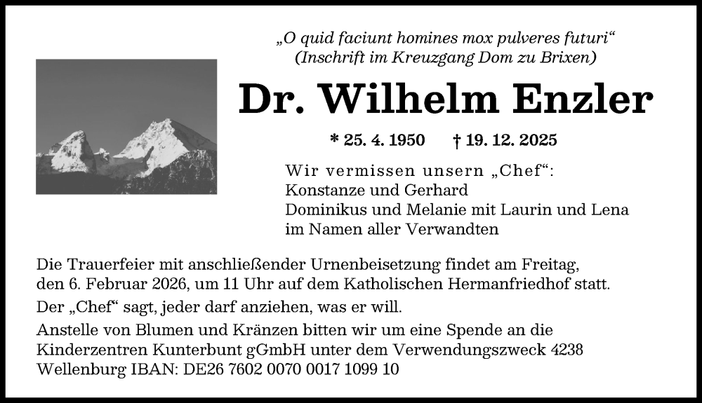  Traueranzeige für Wilhelm Enzler vom 31.01.2026 aus Augsburger Allgemeine