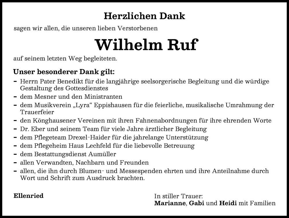 Traueranzeige von Wilhelm Ruf von Mindelheimer Zeitung