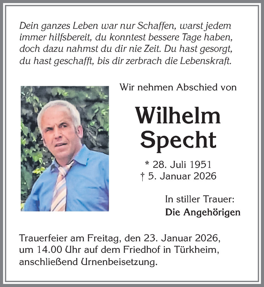  Traueranzeige für Wilhelm Specht vom 22.01.2026 aus Mindelheimer Zeitung