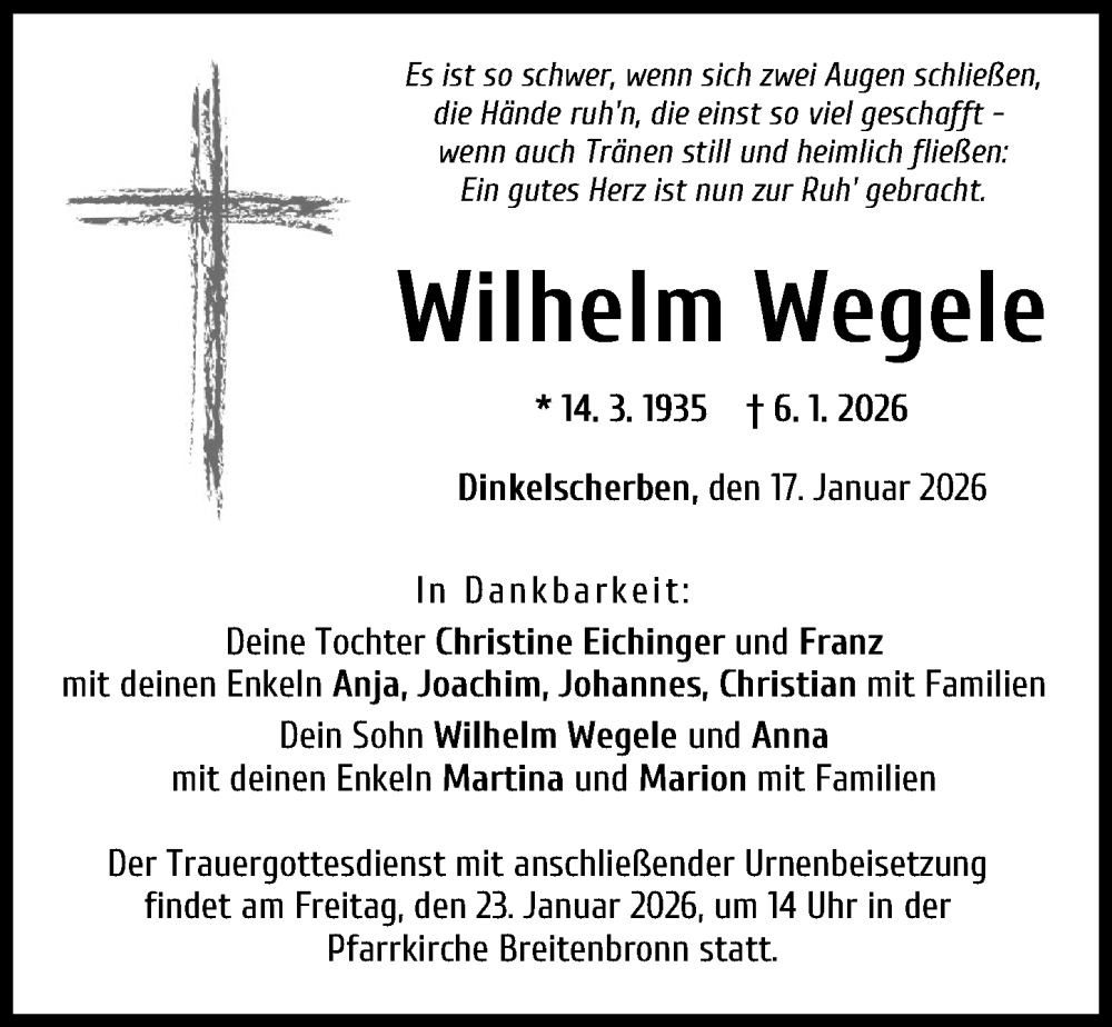  Traueranzeige für Wilhelm Wegele vom 17.01.2026 aus Augsburg-Land